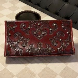 Burgundy Embellished Leather Clutch